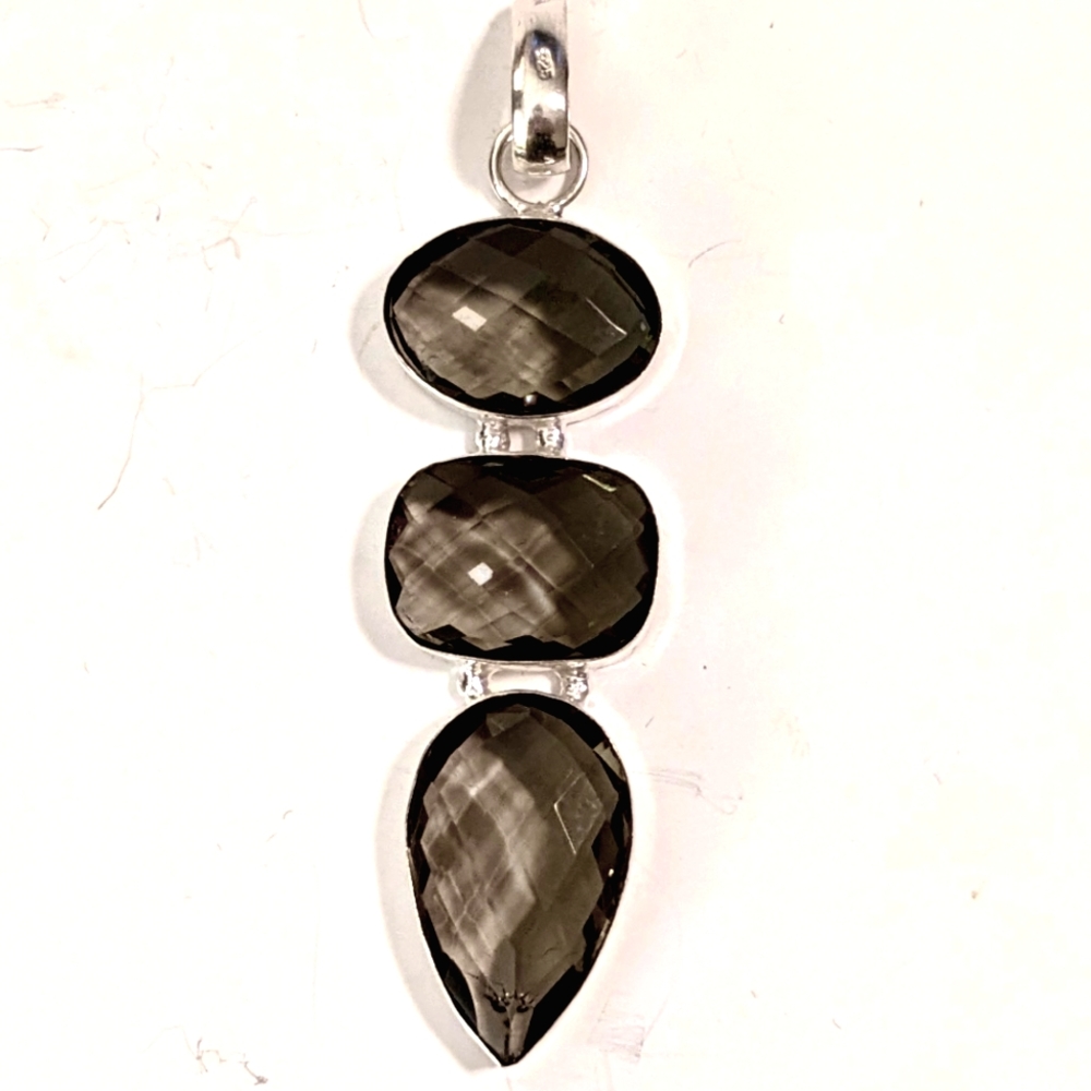 Smoky Quartz Triple-Stone Pendant — Sterling Silver 925 — 3″ Statement Piece